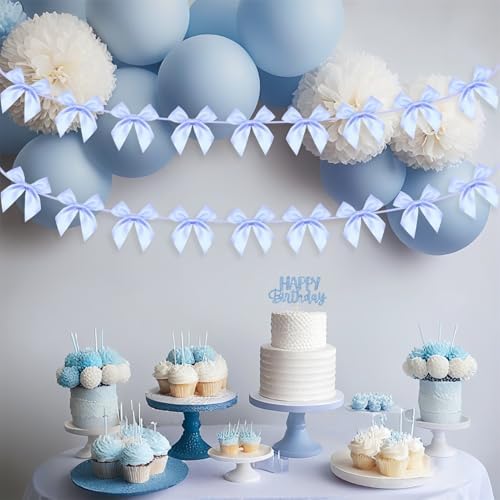 2pcs Bow Garland Banner, Ribbon Bow Party Decorations for Baby Shower Girls Bow Coquette Birthday Party Decor (Blue) - Image 2