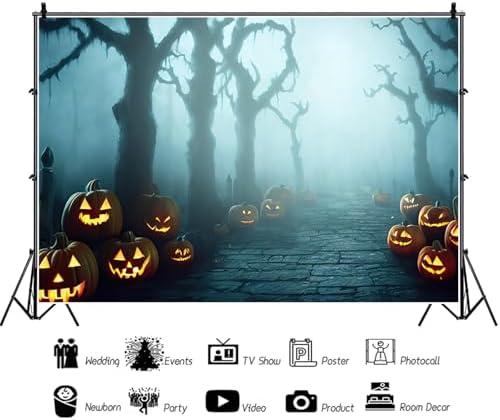 Misty Forest Backdrop for Halloween Eve Party Glowing Pumpkin Lantern Spooky Dense Fog Dead Trees Stone Path Horror Night Photography Background Photo Booth Studio Props 6x4ft - Image 6