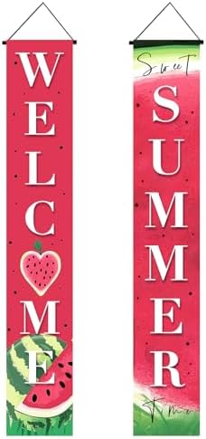 BlissYard 2pcs Welcome Summer Door Banner Watermelon Porch Banner Sign Sweet Fruit Time Front Door Hanging Decor Banners for Summer Home Hawaii Tropical Party Outdoor Decorations by BlissYard