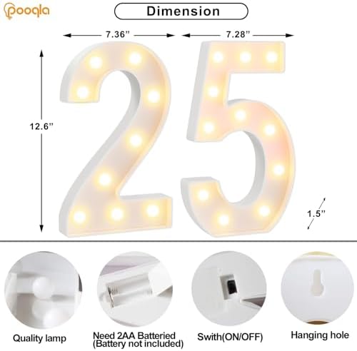 Pooqla 25th Birthday Decorations for Her Him, Large 12.6 in Tall Light Up Numbers for Party Decorations Table Decor, Big Marquee Numbers 25th Birthday Gift for Women Men Wedding Anniversary Decor - Image 4