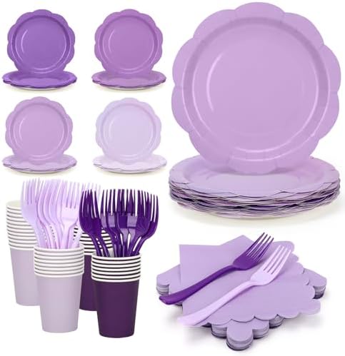 Purple Plates and Napkins Party Supplies, 9’’ Pastel Purple Disposable Paper Plates and Cups and Napkins Set for Baby Shower, Birthday, Wedding Party Decorations Serves 48 by CENLBJ