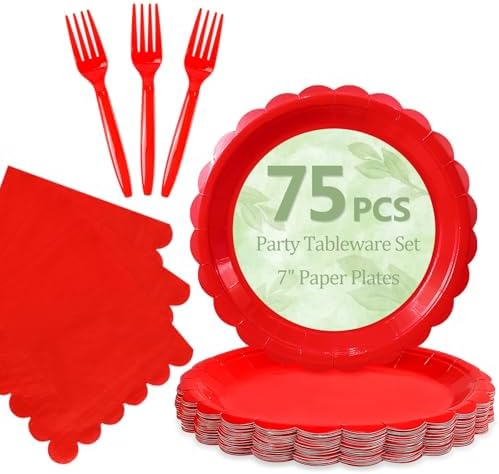 Mulbozy 75 Pcs Red Paper Plates 7" Disposable for Christmas Dessert Plates by Mulbozy