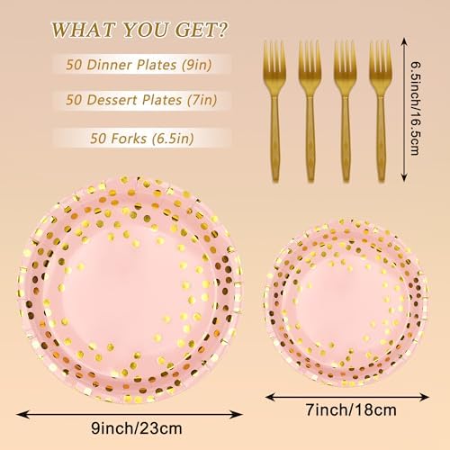 150 Pcs Pink and Gold Paper Plates Party Supplies,Serves 50 Guests 7" 9" Pink Gold Plates and Gold Plastic Forks,Disposable Paper Tableware Set for Birthday Wedding Bridal Shower Decorations - Image 2