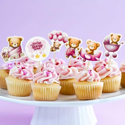 Gyufise 36Pcs Bear Cupcake Toppers Bear Cupcake Picks Baby Carriage Bottle Balloon We can Bearly Wait Cake Decorations for Baby Shower Gender Reveal Kids Birthday Party Supplies Pink Coffee - Image 7