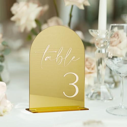 HOODO Gold Mirror Wedding Table Numbers 1-20 with Stands, 5"x7" Mirrored Acrylic Sign and Holders, Gold Acrylic Arch Table Numbers for Wedding Reception, Party, Anniversary, Event - Image 3
