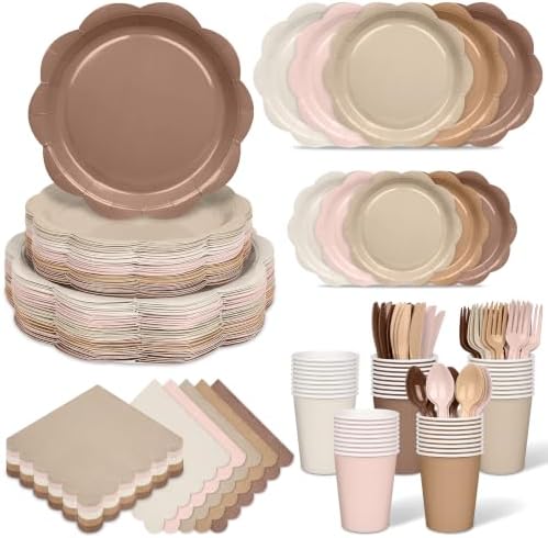 350 Pcs Baby Shower Decoration - Neutral Gradient Brown Plates and Napkins Tableware Set Include Scalloped Paper Plate Napkin Cup & Cutlery for Baby Shower, Wedding, Birthday, Espresso Martini Theme by Unknown