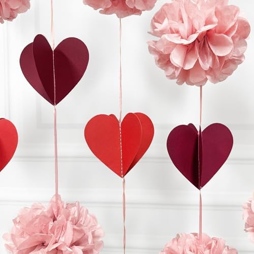 Dusty Rose Pink Party Decoration Tissue Flowers Pom Pom with Burgundy Red 3D Heart Hanging Paper Garland Banner Streamer for Valentines Day Birthday Wedding Shower Bridal Shower Party Supplies - Image 6