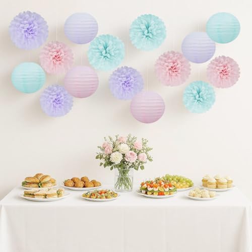 Blue Pink Purple Party Decorations - 15Pcs Tissue Pom Poms Paper Flowers Paper Lanterns Mermaid Birthday Party Baby Shower Lavender Wedding Hanging Decor - Image 4