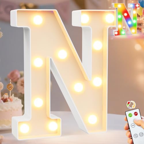 Pooqla LED Light Up Letters, Warm White and Colorful Lighted Marquee Letters with Remote, Lighted Letter for Party Birthday Decorations, Gift for Girls Boys Night Light, Wedding Home Decor, Letter N by Pooqla