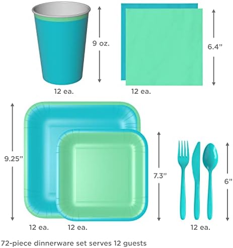 Hallmark Crayola Hallmark Color Pop Green and Blue Party Supplies (12 Dinner Plates, 12 Dessert Plates, 12 Paper Cups, 24 Napkins, 12 Sets of Plastic Cutlery) for Birthdays, Baby Showers, Father's Day - Image 3