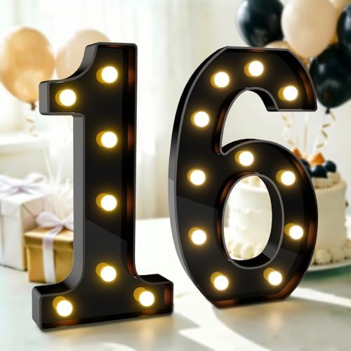 Pooqla 16th Birthday Decorations for Boys, Large Black Light Up Numbers by Pooqla