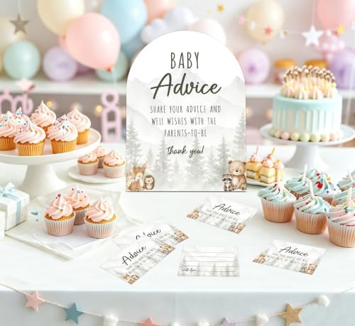 Woodland Adventure Baby Shower Games, Forest Animals Advice For Parents To Be, 6x8 Inch Arch Wooden Sign With Stand And 50 Advice Cards, Gender Reveal Party Supplies & Decorations -LN010 - Image 4