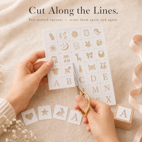 Nolia Stencil Set for Baby Shower Blocks - 100 Reusable Letter, Number & Icon Stencils for Decorating Wooden Baby Blocks, Easy Guest Activity & Keepsake Add-On - Image 6