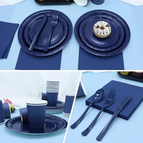168Pcs Navy Blue Party Supplies for Navy Blue Party Decorations includes Paper Plates and Napkins Cups Utensils,Blue Disposable Plates Set for Boy Baptism Birthday Graduation Serve 24 Guests - Image 4