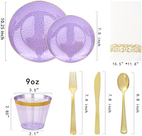 Rubtlamp 175 Pcs Purple Plastic Dinnerware Set (25 Guests), Clear Purple Plates With Gold Rim, Hammered Party Platos, Plates And Cups And Napkins Sets for Wedding, Party&Graduation - Image 2
