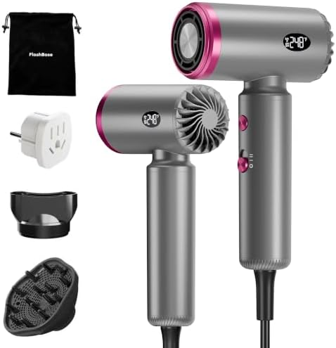Hair Dryer, Travel Dual Voltage Ionic Blow Dryer for 120000 RPM Fast Drying, Compact Lightweight Hair Dryer with Magnetic Diffuser for Home & Travel, Portable Hairdryer International 110-240V（Gray） by Flashbase