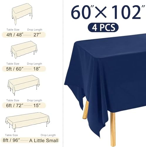 4 Pack Navy Blue Rectangle Polyester Tablecloth 60x102 Inch Washable Polyester Table Cover for Wedding Dining Table Buffet Parties Banquet Decor - Image 2