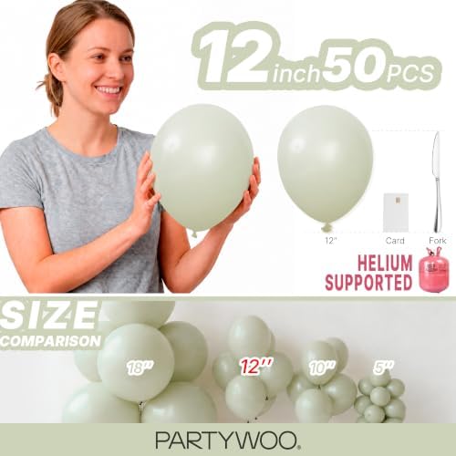 PartyWoo Sage Green Balloons 50pcs Boho Dusty Olive Green Color 12 Inch - Image 6