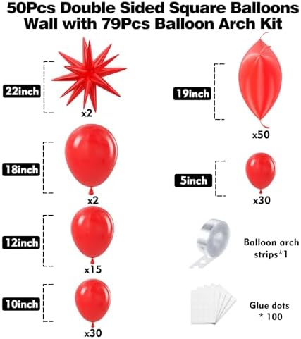 50pcs Red Square Foil Balloons Wall Backdrop with 79pcs Red Balloon Garland Arch Kit, Double Sided Balloon Tunnel for Birthday Anniversary Wedding Engagement Baby Shower Valentine's Decorations - Image 2
