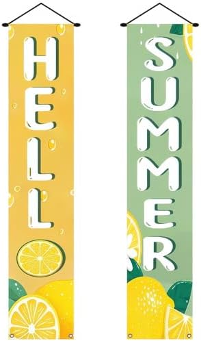 BlissYard 2pcs Hello Summer Door Banner Lemon Porch Banner Sign Sweet Summer Sunshine Front Door Hanging Decor Banners for Seasonal Home Hawaii Tropical Party Outdoor Decorations by BlissYard