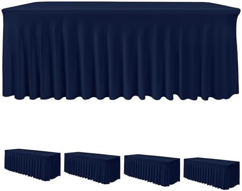 4 Pack Navy Spandex Table Covers 6ft Rectangle Ruffle Skirts for Party by HolidayIdeas