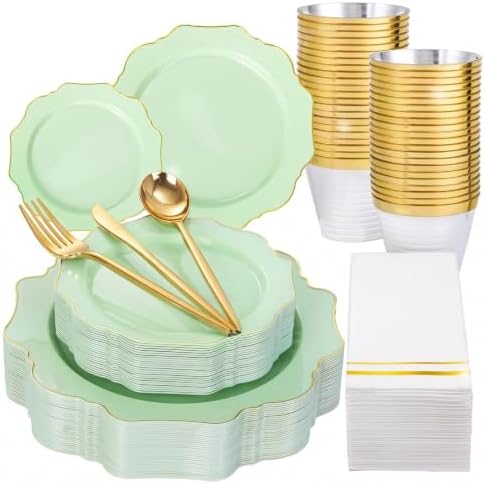 WDF 175Pcs Sage Green Plastic Plates With Gold Rim - Disposable Sage Green Plates 25guest Disposable Dinnerware Ideal for Party/Wedding/Holidays by WDF