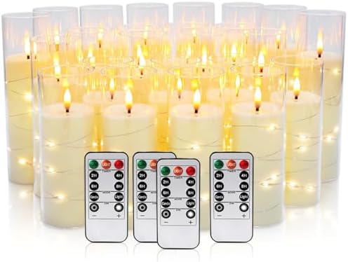 24 Pcs LED Flameless Candles with Remote, 3D Flickering Flame & LED String Lights, Acrylic Clear Cylinder, Timer Function, Romantic Ambience for Home Decor, Party, Wedding (Ivory). by CAKETYCG