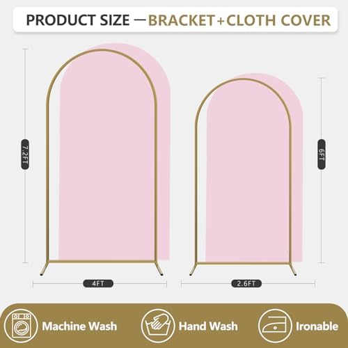 Arch Backdrop Stand and Cover Set, 2 Metal Balloon Arch Backdrop 7.2ft 6ft, Gold Arched Stand Frame for Wedding, Parties,Birthday, Event Decorations (Pale Pink,7.2ft+6ft) - Image 2