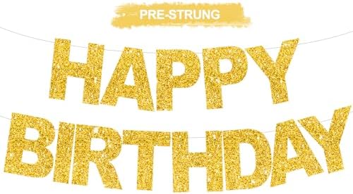 BEISHIDA Pre-Strung Glitter Gold Happy Birthday Banner Party Sign Decor by Beishida