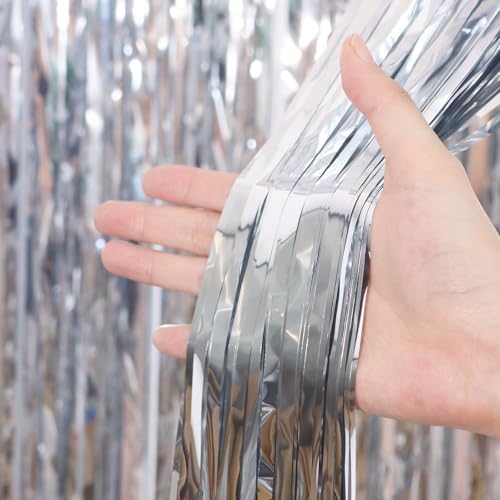 Voircoloria Silver Foil Fringe Backdrop Curtains, 3.3x6.6ft, 3pcs - Image 2