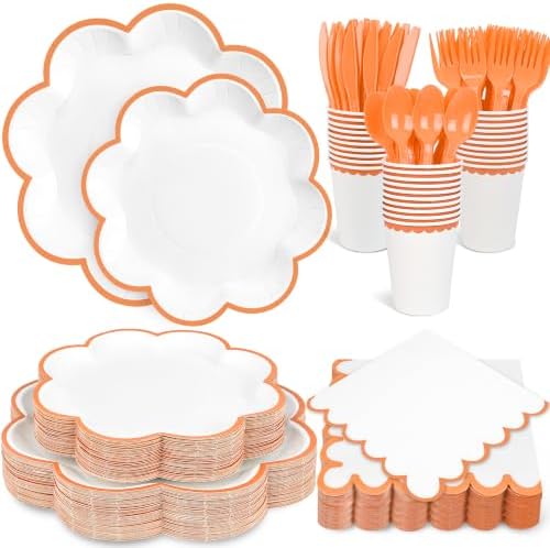 350 Pcs Orange and White Paper Plates and Napkins Set, Serve for 50 Guests by Unknown