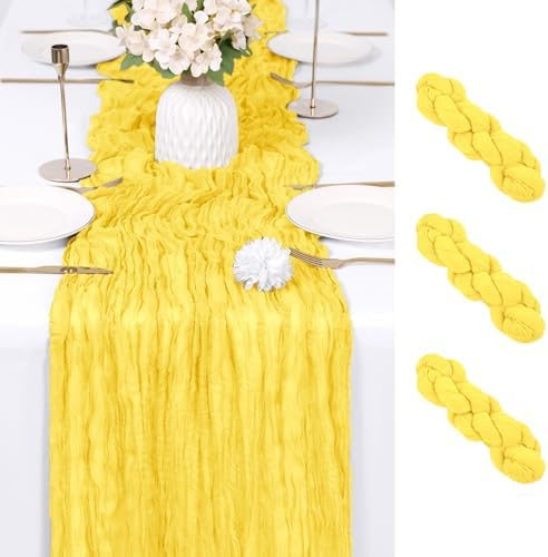 3 Pack Lemon Yellow Cheesecloth Table Runner 17x108 Inch Semi Sheer Boho Gauze Cheese Cloth Fabric Table Runners Table Decor for Wedding Party Baby Shower Birthday Home Decor Garden Farmhouse by Unknown