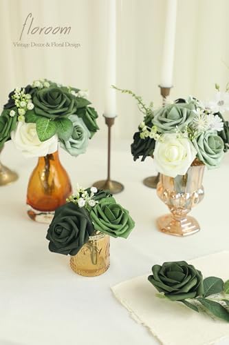 Floroom Artificial Flowers 25pcs Real Looking Forest Green Ombre Colors Foam Fake Roses with Stems for DIY Wedding Bouquets Bridal Shower Centerpieces Sage Green Floral Arrangements Decorations - Image 3