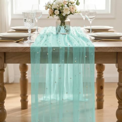 Artoid Mode Pearl Turquoise Gauze Table Runner 10FT Home Decor - Image 2
