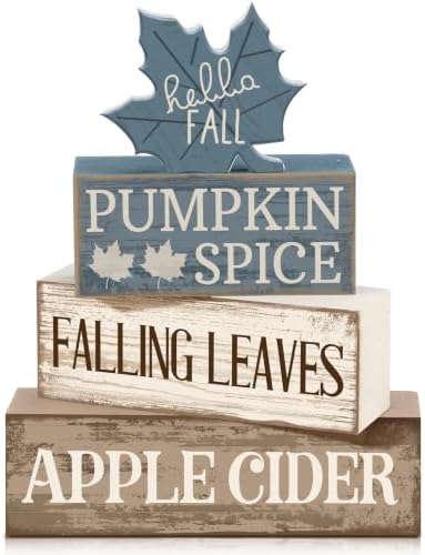 Moucuny 4 Pcs Fall Table Decoration Rustic Blue Maple Leaf Wooden Blocks by Moucuny