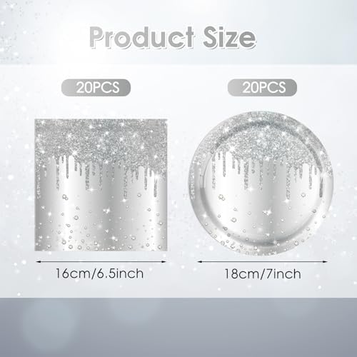 40PCS Silver Birthday Decorations Silver Glitter Happy Birthday Decoration Diamond Plates and Napkins Tablecloth for Men Women Birthday Party Supplies - Image 2