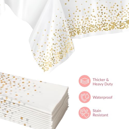 Prestee 12-Pack White and Gold Tablecloth - 54x108 Inch - Disposable Table Covers for Party, Weddings, and Holidays - Waterproof Christmas Tablecloth, Stain-Resistant Plastic Table Cover Set - Image 5