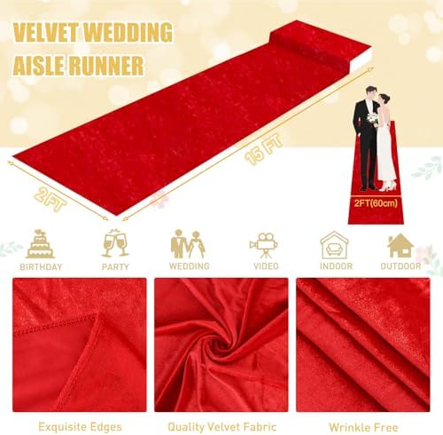 FUHSY Red Carpet Runner for Party 2FTx15FT Velvet Aisle Runner for Wedding Ceremony Red Runner Rug Bridal Wedding Runners Aisle Outdoor Indoor Movie Theme Party Prom Decorations - Image 2
