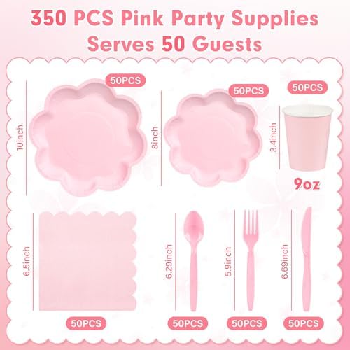 350 Pcs Pink Paper Plates and Napkins Set, Tableware Set for 50 Guests - Image 2