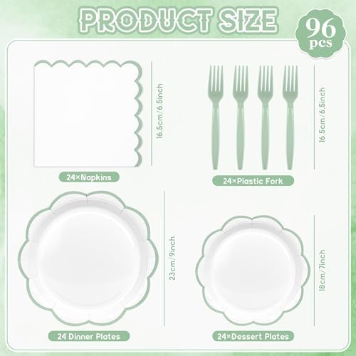 96 Pcs Sage Green and White Paper Plates and Napkins Set Serve for 24 Guest - Image 2