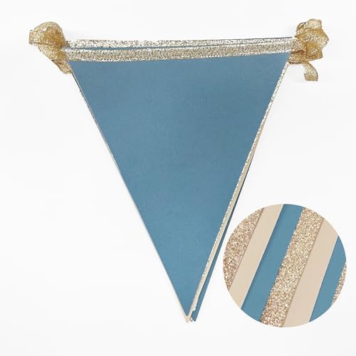 30Ft Champagne Gold Dusty Blue Beige Party Decorations Pennant Banner Flag Hanging Paper Triangle Bunting for Birthday Graduation Wedding Shower Bachelor Retirement Nautical Party Supplies - Image 3