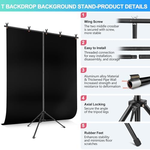 Black Backdrop Background with Stand for Photoshoot, 5x6.8ft Black Photo Backdrop Curtain Cloth with Background Support Stand, 5 Spring Clamps& Carrying Bag for Party Photography Video Studio - Image 6