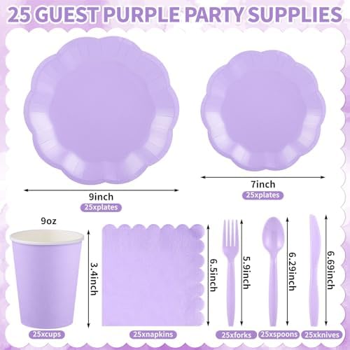 175 Pcs Light Purple Plates and Napkins Set, 25 Guest Purple Party Supplies Include Scalloped Plate Paper Napkin Cup Forks Knives Disposable Plastic Cutlery for Wedding Baby Shower Birthday Party - Image 2