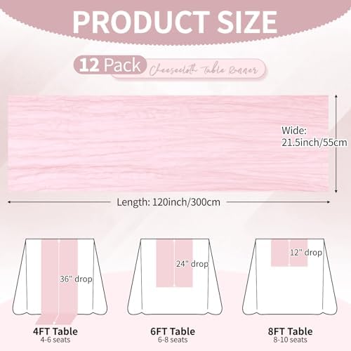 12 Pack Light Pink Cheesecloth Table Runner 10Ft, Gauze Table Runners 21.5 x 120 inch,Semi Sheer Cheese Cloth Fabric Runner Bulk for Wedding,Party,Baby Shower,Bridal Shower - Image 2