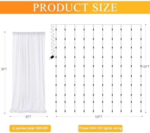 Tulle Backdrop Curtains with Lights Sheer White Curtain Backdrop 30x8ft - Image 2