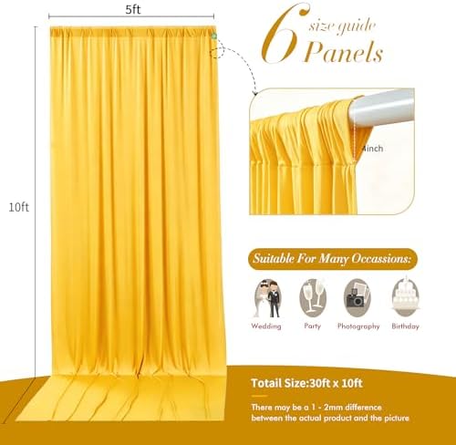 30 ft x 10 ft Wrinkle Free Yellow Backdrop Curtain for Parties, Ginger Polyester Photo Backdrop Drapes,Thick Background 6 Panels 5ft x 10ft for Baby Shower Wedding Birthday Party Backdrop Stand - Image 4