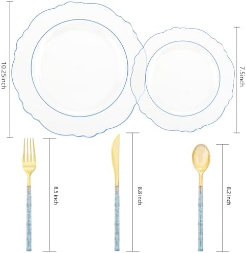 Liacere 150PCS Clear and Blue Plastic Plates-Clear and Blue Disposable Plates with Glitter Bamboo Handle Cutlery-60 Baroque Elegant Plates, 30 Forks, 30 Spoons, 30 Knives for Wedding & Party & Summer - Image 3