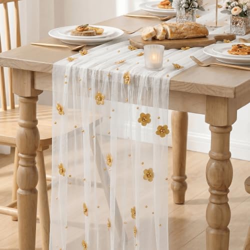 Artoid Mode Yellow Flower Pearl White Gauze Table Runner 10FT 3PC, Seasonal Sheer Dining Holiday Wedding Birthday Baby Shower Table Decor for Home Party - Image 3
