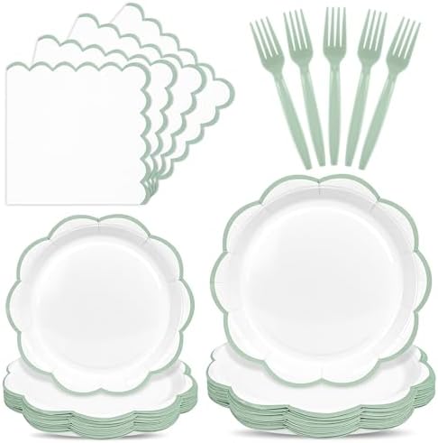 96 Pcs Sage Green and White Paper Plates and Napkins Set Serve for 24 Guest by Unknown