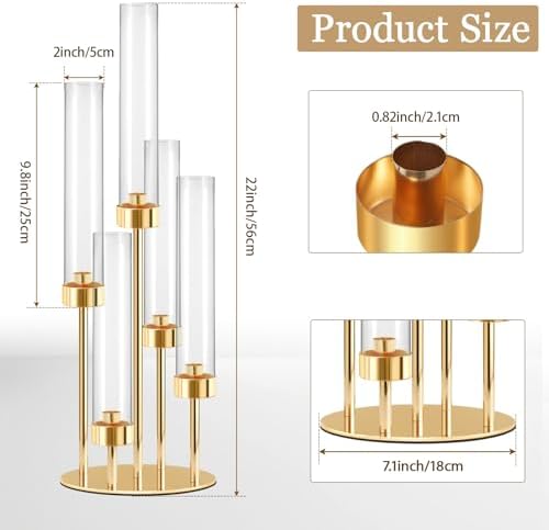 5-Arm Black Metal Table Candelabra Centerpiece, 22" Tall Clear Candlesticks Holder with Shade for Valentines Day Events Party Table Centerpiece,Fit LED Candles (4, Gold, S-22in) - Image 2